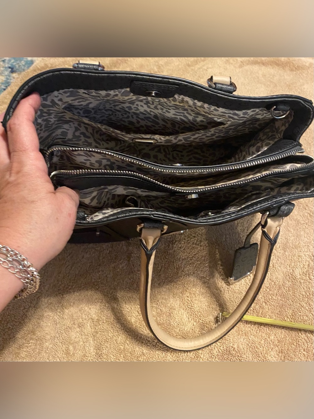Guess Monogram Satchel Bag Y2K Charcoal Black Beige Top Handle - Picture 13 of 16